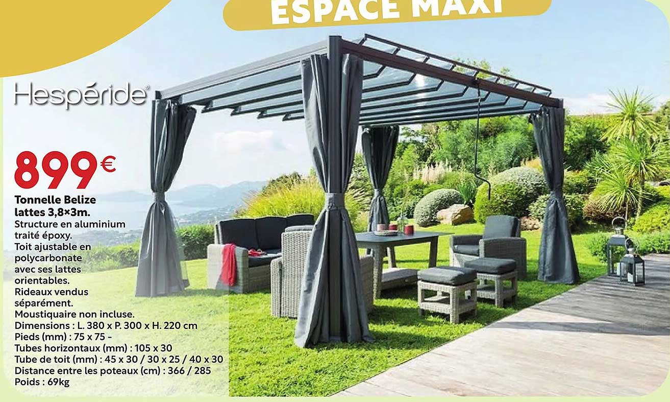 tonnelle belize lattes 3,8 x 3 m