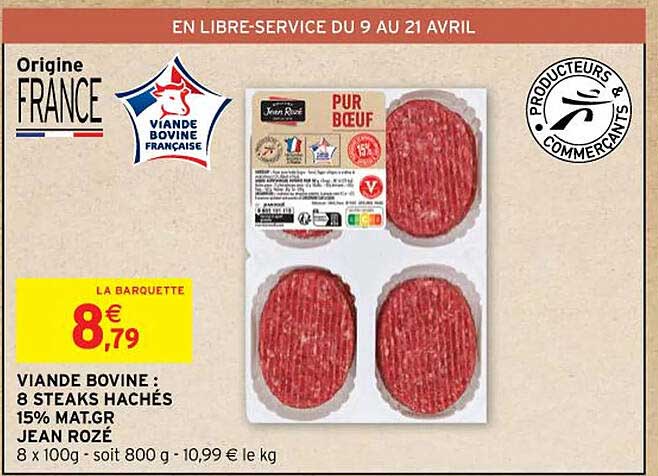 viande bovine: 8 steaks hachés 15% mat.gr jean rozé