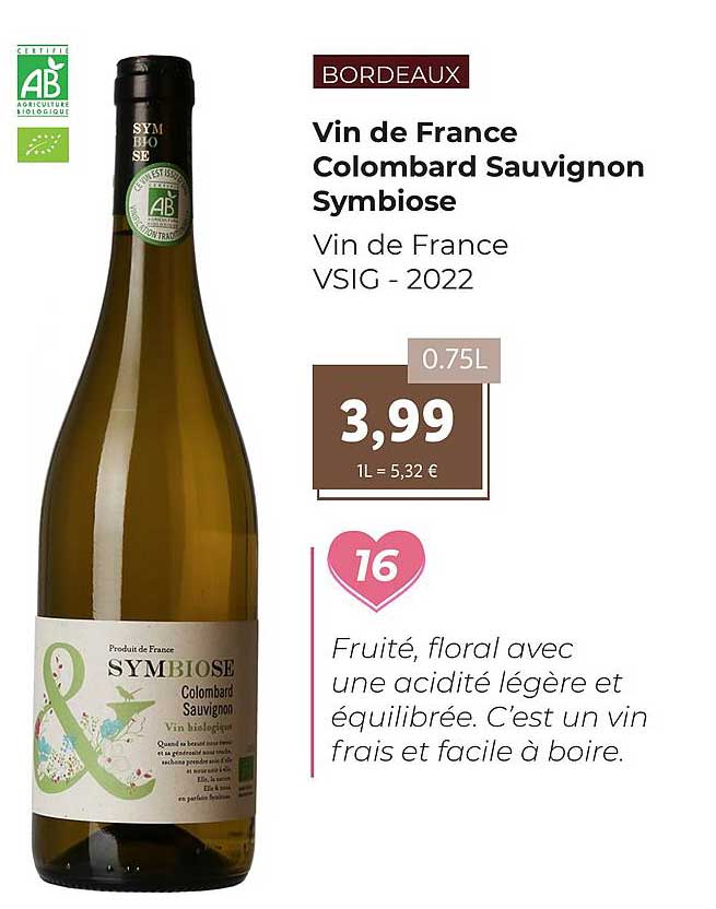 vin de france colombard sauvignon symbiose vin de france vsig - 2022