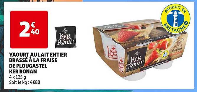yaourt au lait entier brassé à la fraise de plougastel ker ronan