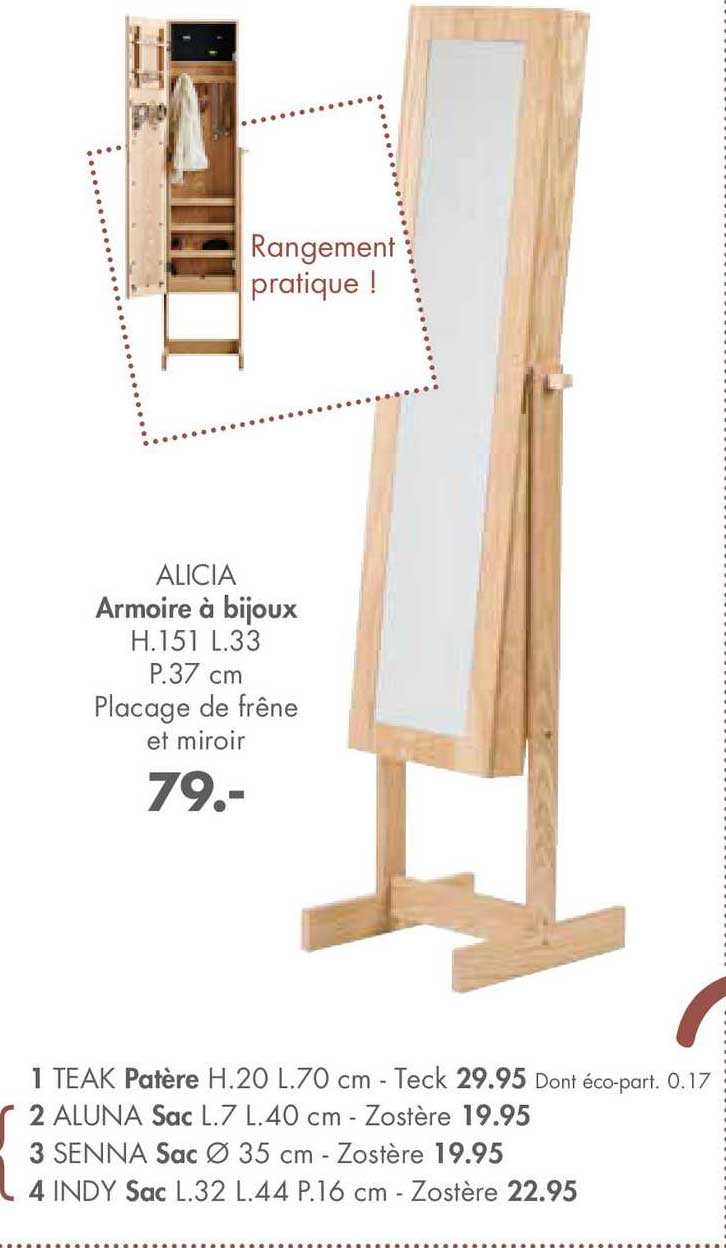 armoire à bijoux alicia, patère teak, sac aluna, sac senna, sac indy