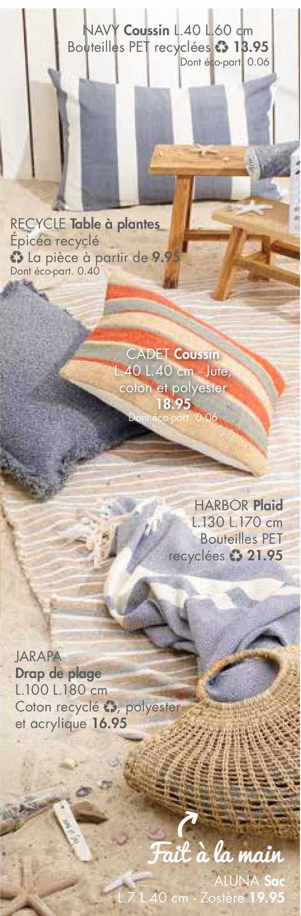 coussin navy, table plantes recycle, plaid harbor, draps de plage jarapa