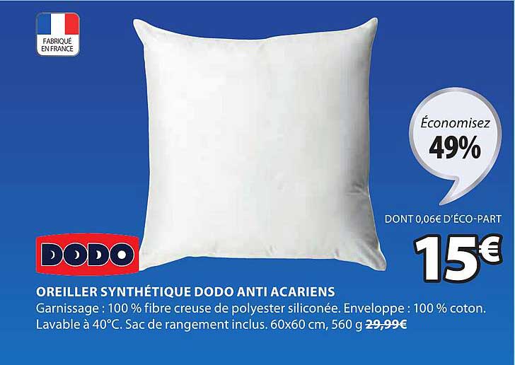 oreiller synthétique dodo anti acariens dodo