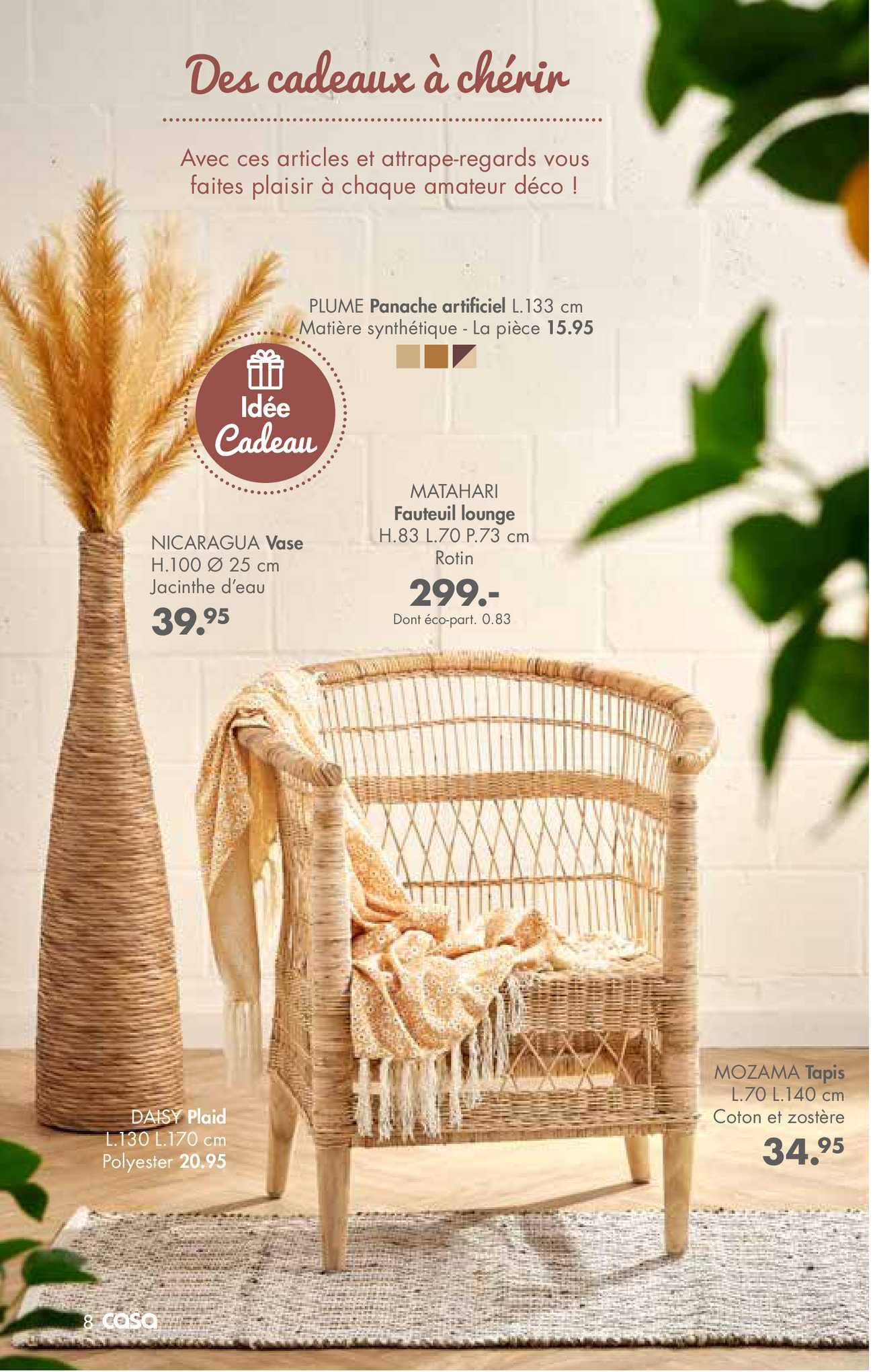 panache artificiel plume, vase nicaraqua, fauteuil lounge matahari, tapis mozama, plaid daisy