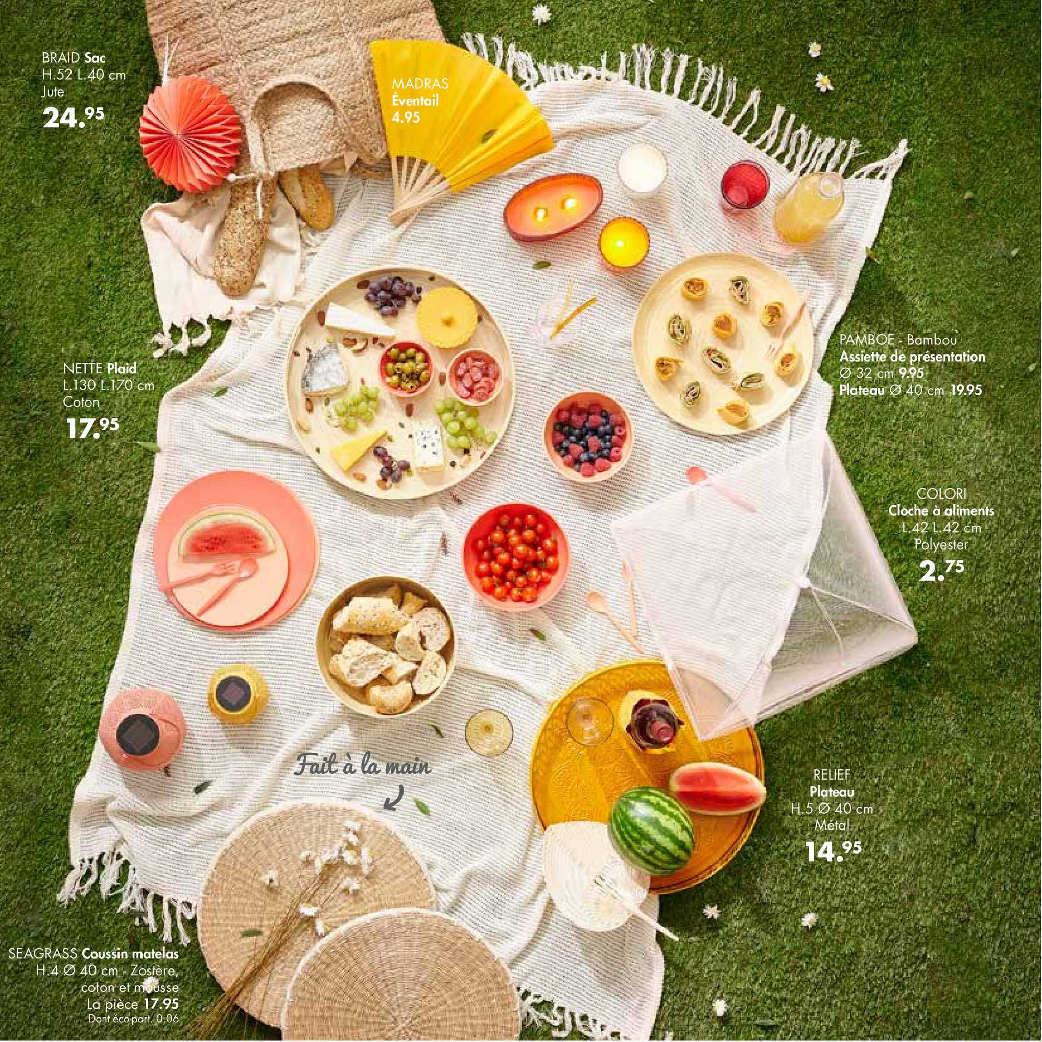 sac braid, plaid nette, coussin matelas seagrass, assiette de présentation pamboe, cloche à aliment colori, plateau relief