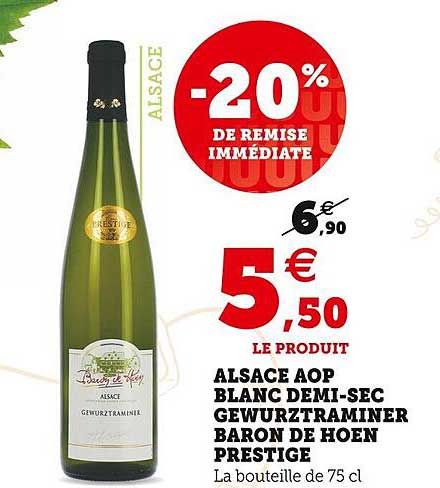alsace aop blanc demi-sec gewurztraminer baron de hoen prestige