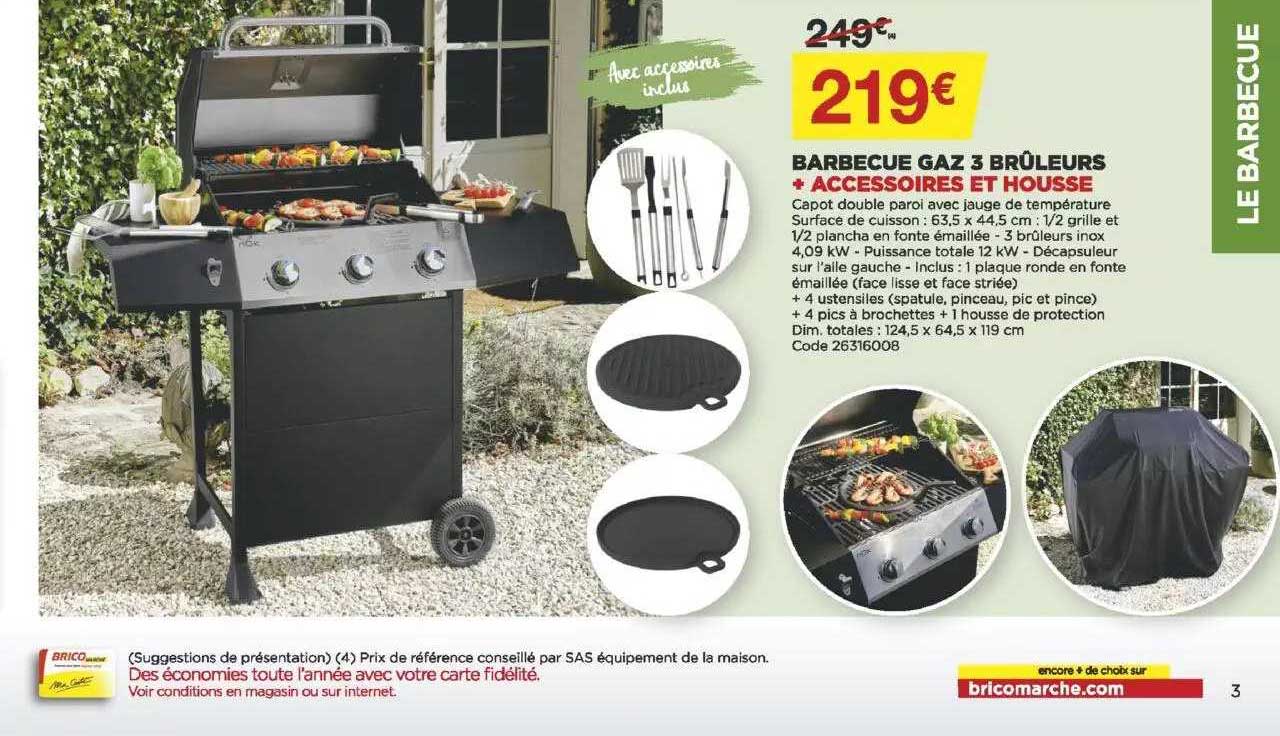 barbecue gaz 3 brûleurs + accessoires et housse