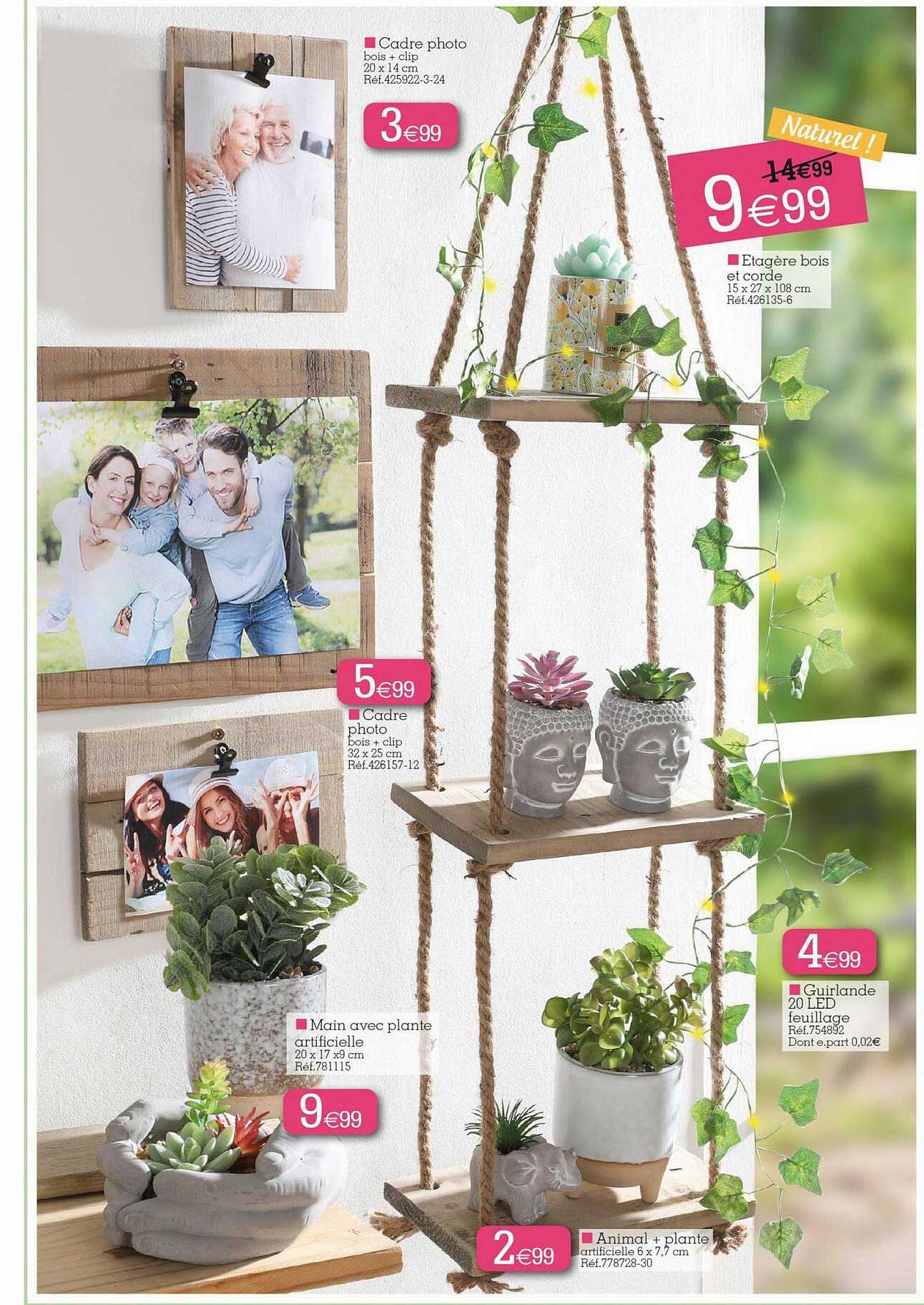 cadre photo, étagère bois, guirlande 20 led feuillages, main avec plante artificielle, animal + plante artificielle