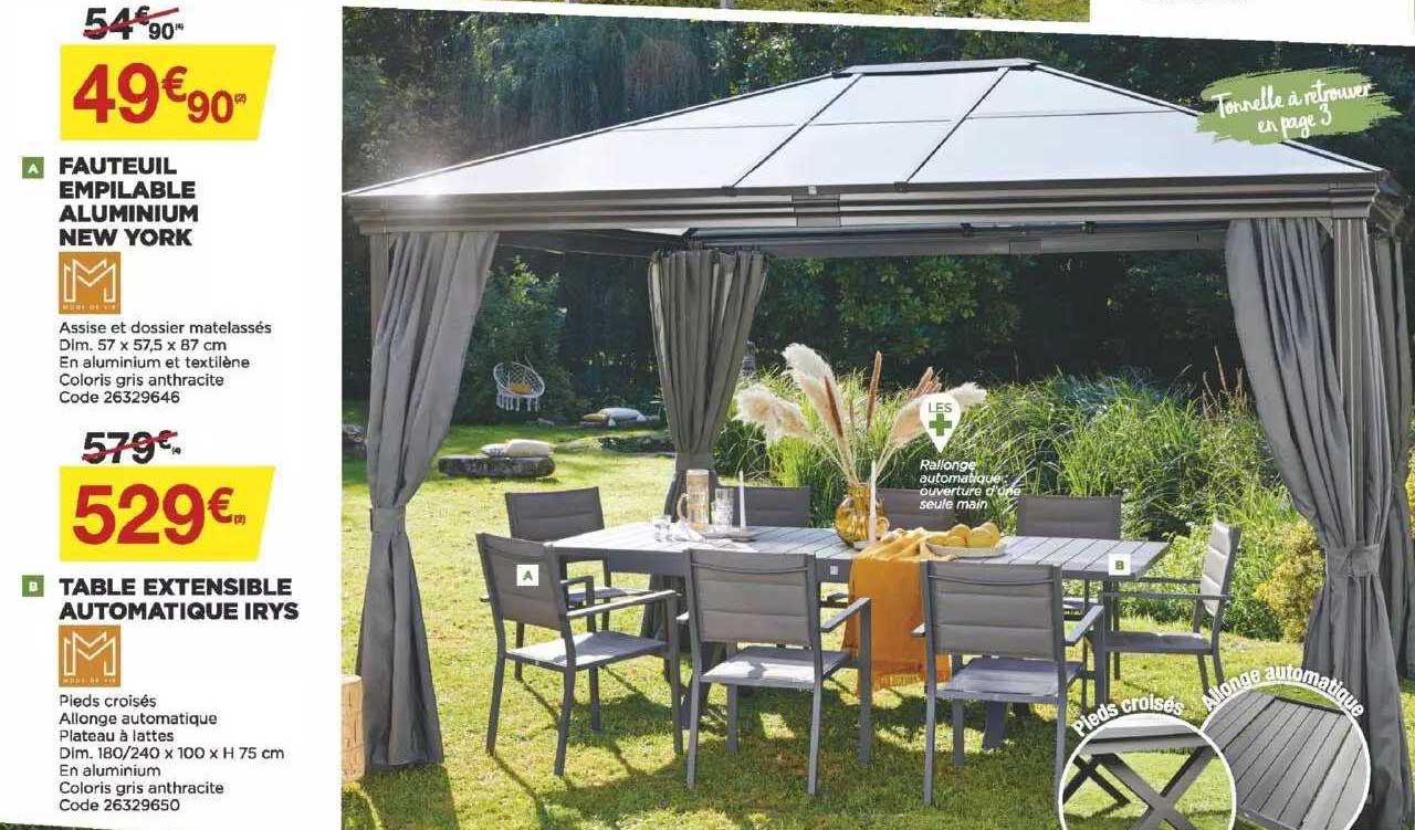 fauteuil empilable aluminium new york, table extensible automatique irys