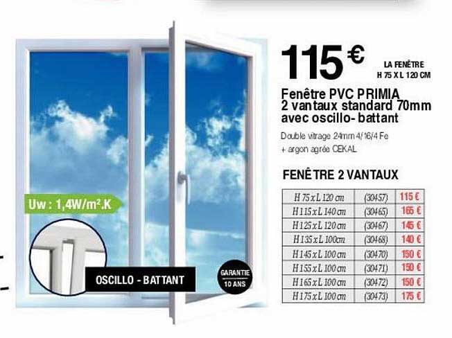 fenêtre pvc primia 2 vantaux standard 70mm avec oscillo-battant