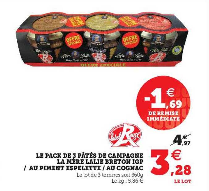 le pack de 3 pâtés de campagne la mère lalie breton igp - au piment espelettes - au cognac