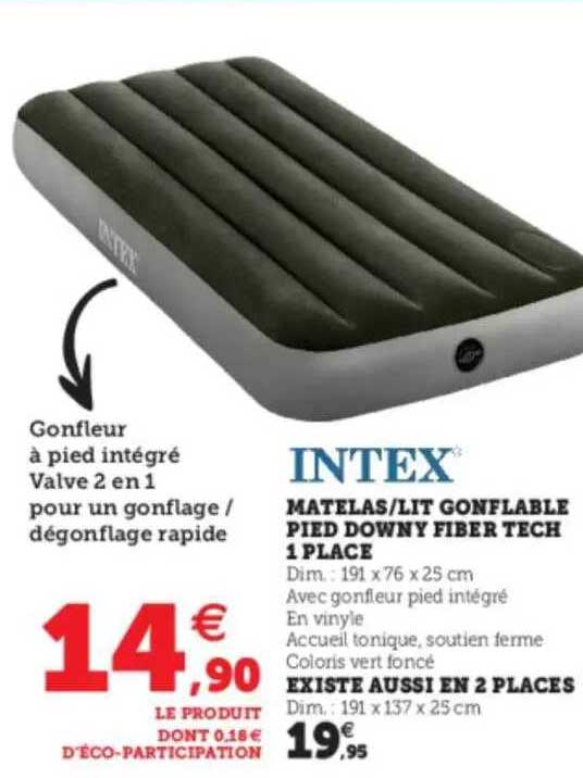 matelas-lit gonflable pied downy fiber tech 1 place, 2 places intex