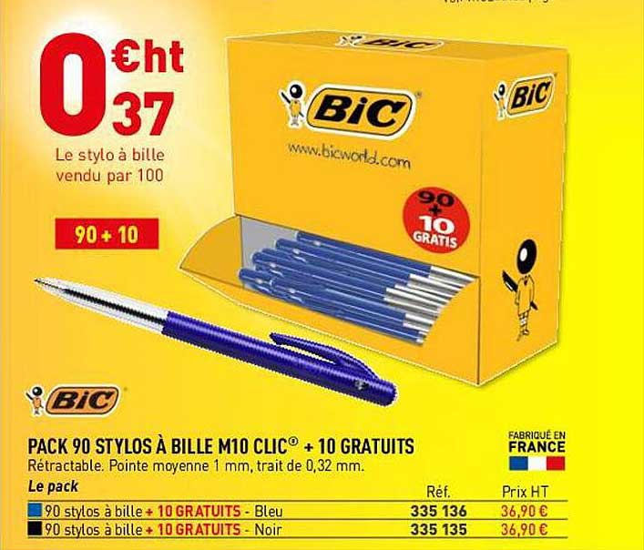 Pack 90 Stylos à Bille M10 Clic + 10 Gratuits Bic
