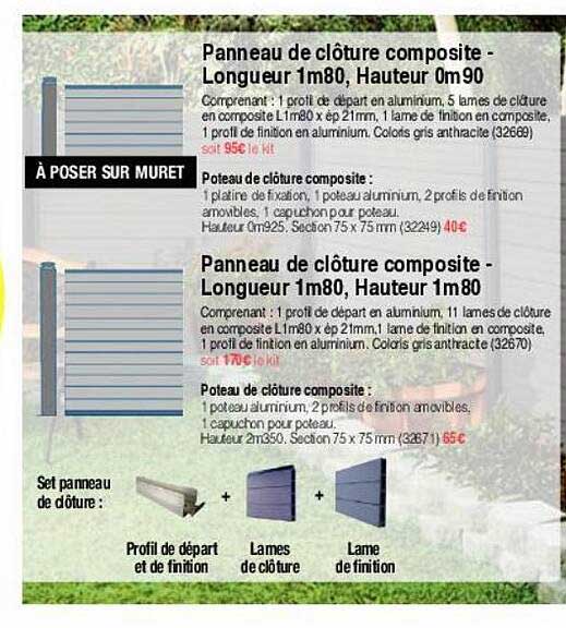 panneau de clôture composte - longueur 1m 80, hauteur 0m 90, panneau de clôture composite - Longeur 1m80, hauteur 1 m 80, poteau de clôture