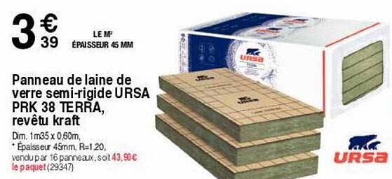 panneau de laine de verre semi-rigide ursa prk 38 terra, revêtu kraft