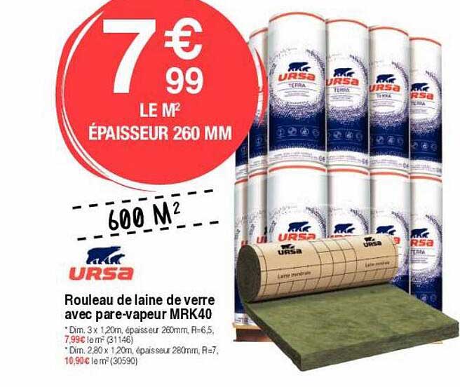 rouleau de laine de verre avec pare-vapeur mrk40 ursa