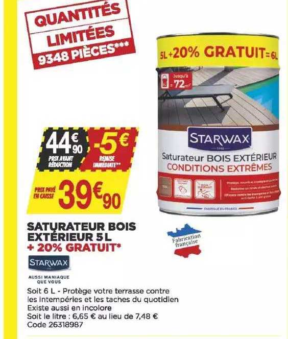 Saturateur Bois Extérieur 5 L + 20% Gratuit Starwax