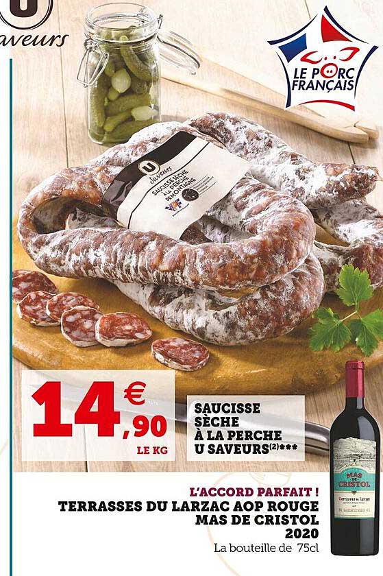 saucisse sèche à la perche u saveurs, l'accor parfait ! terrasses du larzac aop rouge mas de cristol 2020
