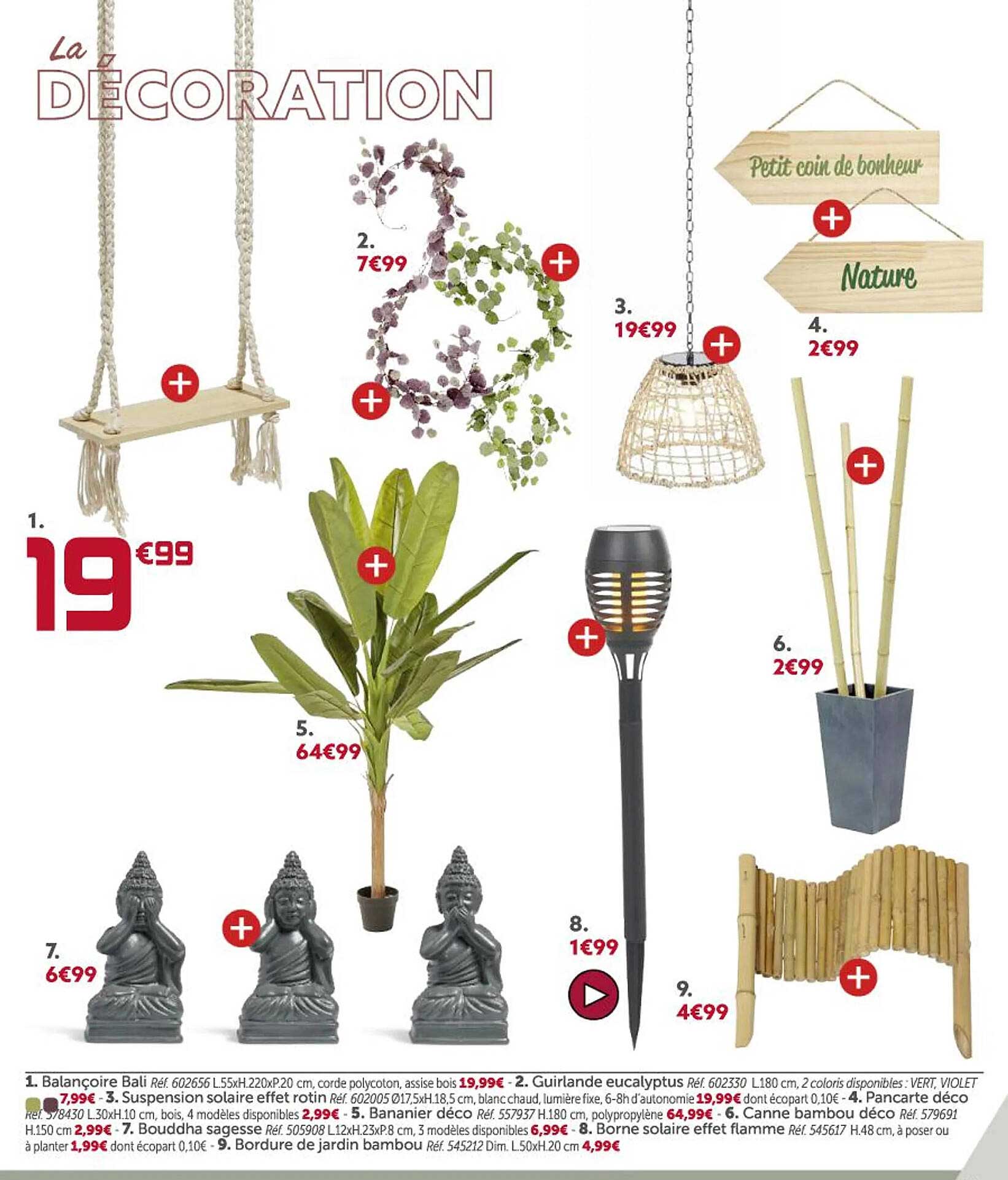 balançoire bali, guirlande eucalyptus, suspension solaire effet rotin, pancarte déco, bananier déco, canne bambou déco, bouddha sagesse, borne solaire effet flamme, bordure de jardin bambou