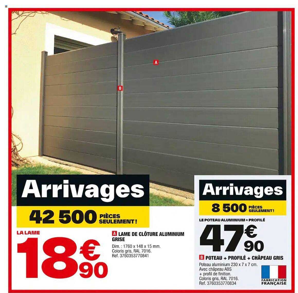 Lame De Clôture Aluminium Grise, Poteau + Profilé + Châpeau Gris