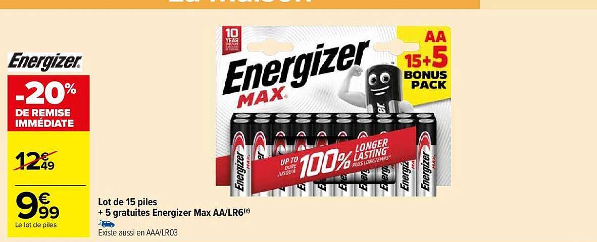 lot de 15 piles + 5 gratuites energizer max aa-lr6