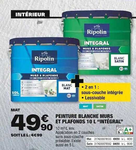 Peinture Blanche Murs Et Plafonds 10l "intégral" Ripolin