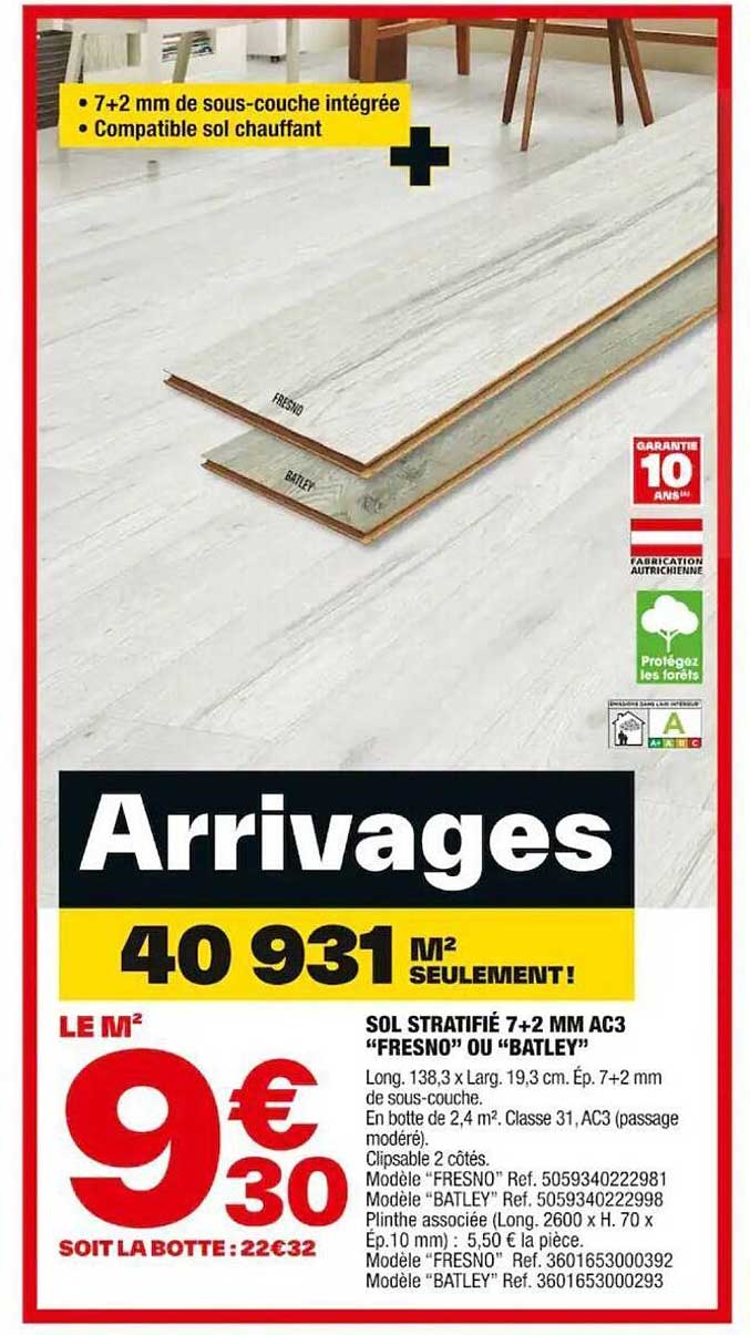 sol stratifié 7+2 mm ac3 "fresno" ou "batley"