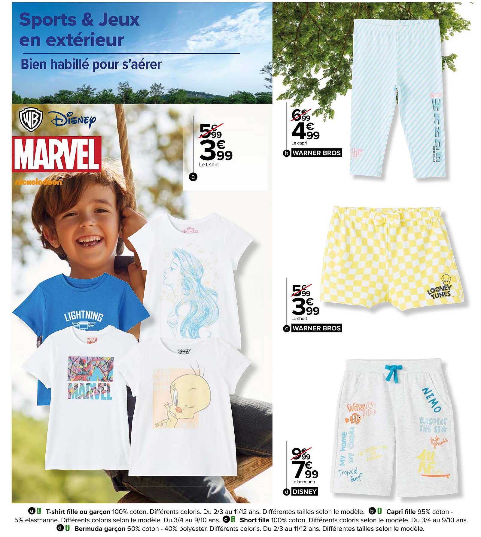 t-shirt fille ou garçon, capri fille, short fille, bemuda garçon