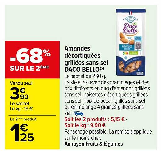 amandes décortiquées grillées sans sel daco bello
