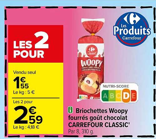 Briochettes Woopy Fourrés Goût Chocolat Carrefour Classic'