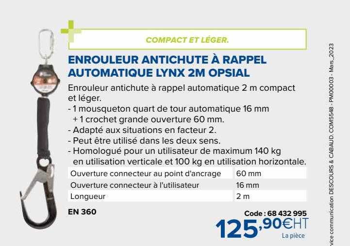enrouleur antichute à rappel automatique lynx 2m opsial