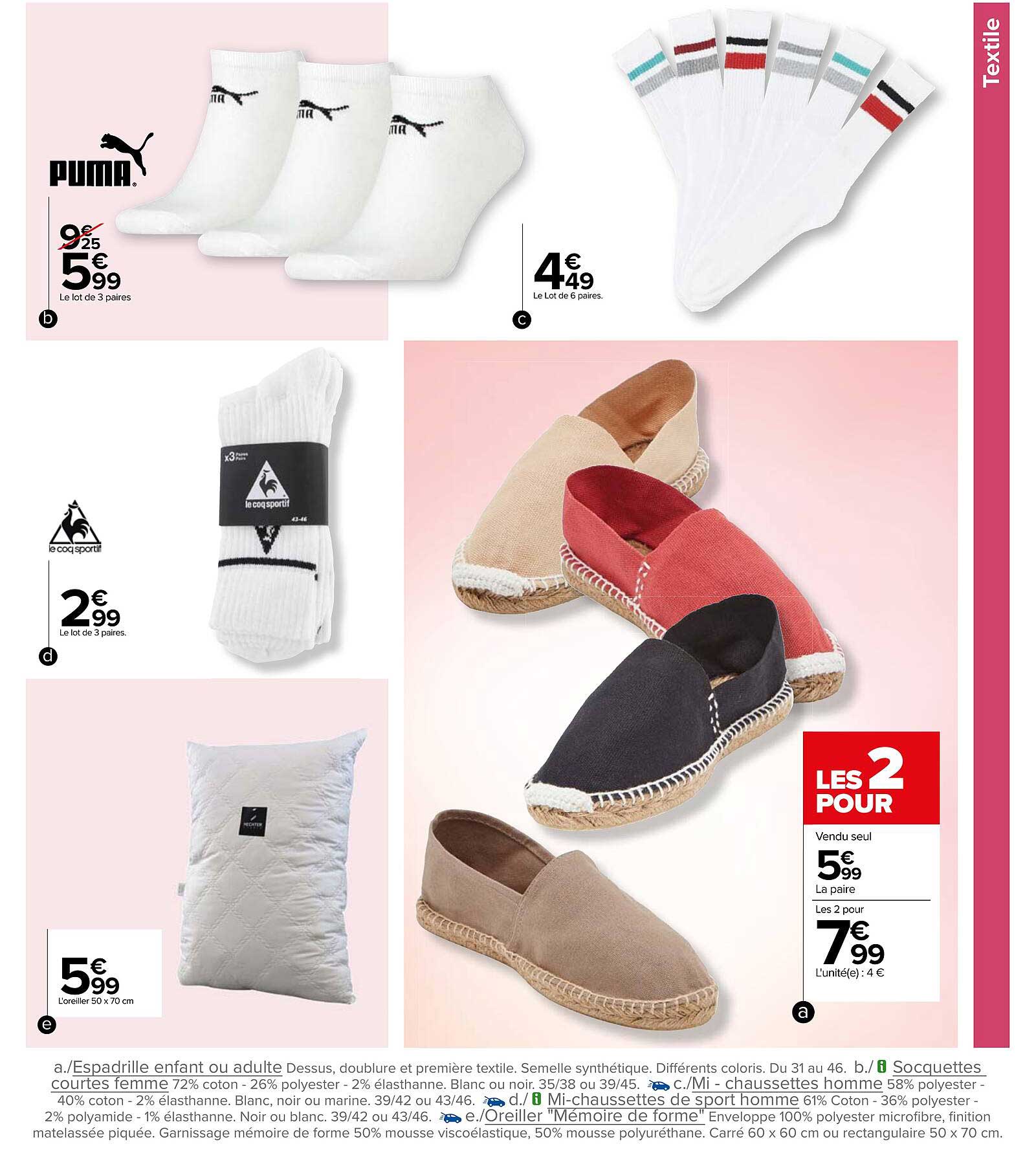 espadrille enfant ou adulte, socquettes courtes femme, mi-chaussettes homme, mi-chaussettes de sport homme, oreiller mémoire de forme