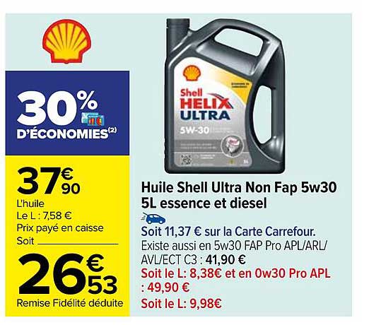 huile shell ultra non fap 5w30 5l essence et diesel