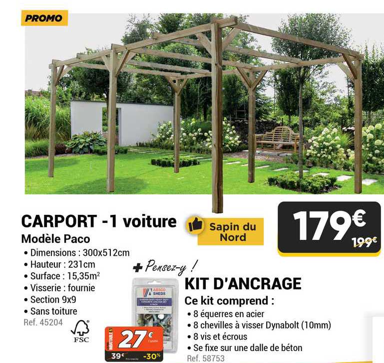 carport -1 voiture, kit d'ancrage
