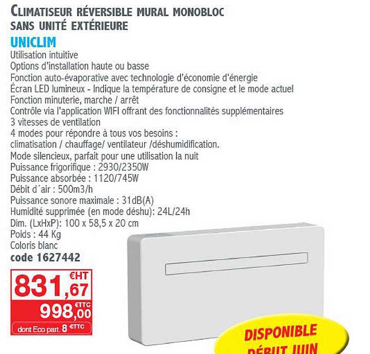 climatiseur révérsible mural monobloc sans unité extérieure uniclim