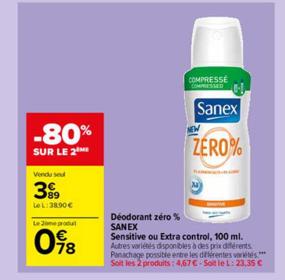 déodorant zéro % sanex sensitive ou extra control, 100 ml.