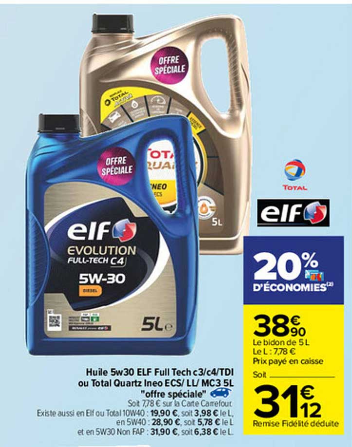 huile 5w30 elf full tech c3-c4-tdi ou total quartz ineo ecs-ll-mc3 5 l "offre spéciale"