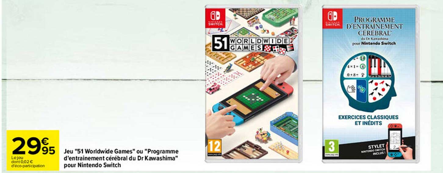 jeu "51 worldwide games" ou "programme d'entraînement cérébral du dr kawashima" pour nintendo switch
