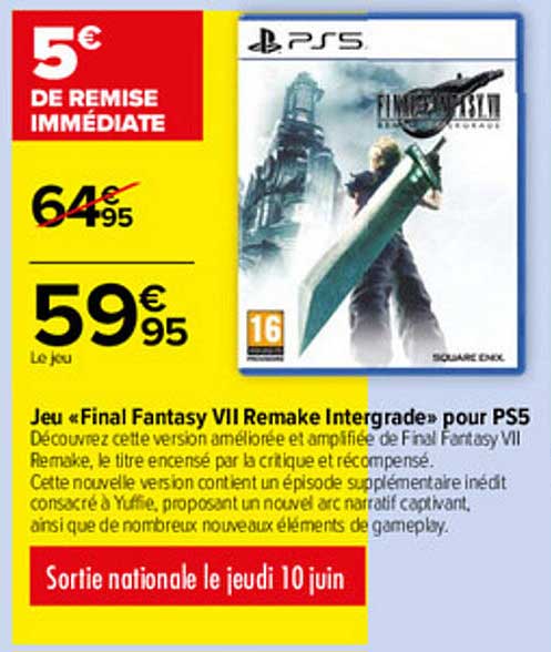 jeu «final fantasy VII remake intergrade» pour ps5