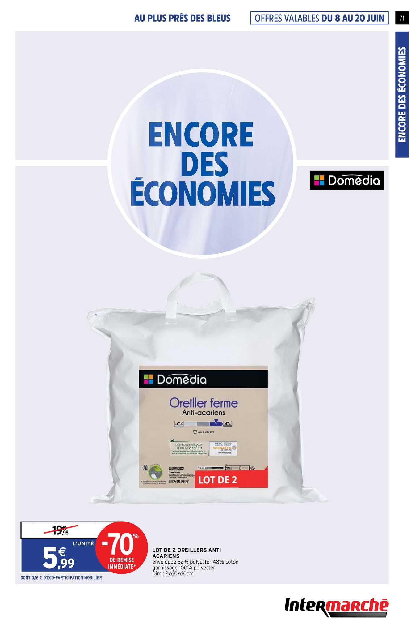 lot de 2 oreillers anti acariens domédia