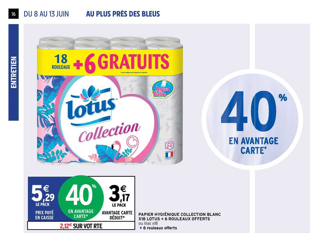 papier hygiénique collection blanc x18 lotus + 6 rouleaux offerts