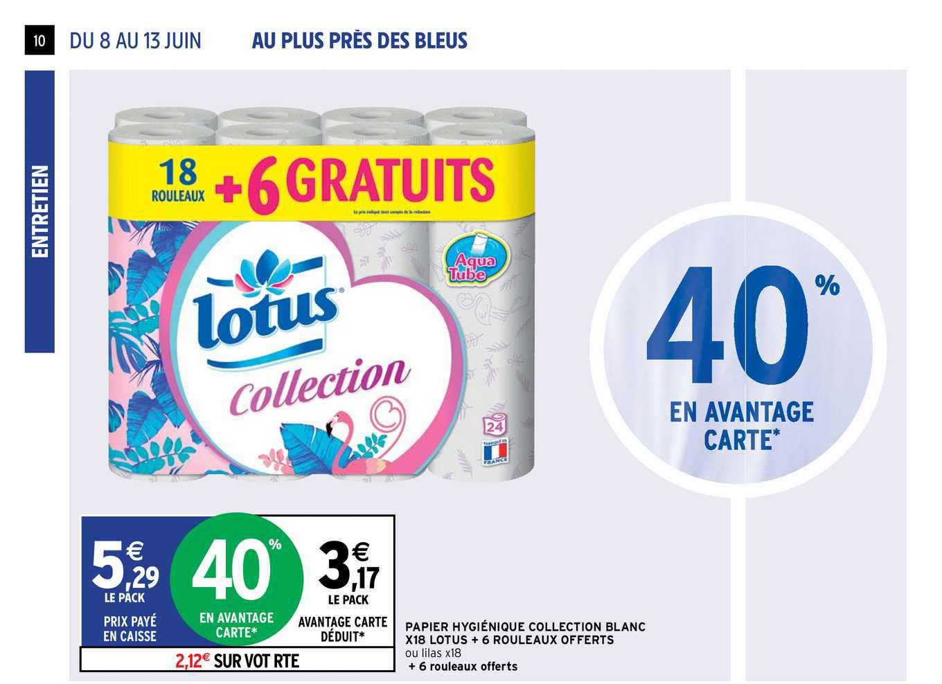 papier hygiénique collection blanc x18 lotus + 6 rouleaux offerts