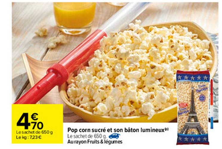 pop corn sucré et son bâton lumineux