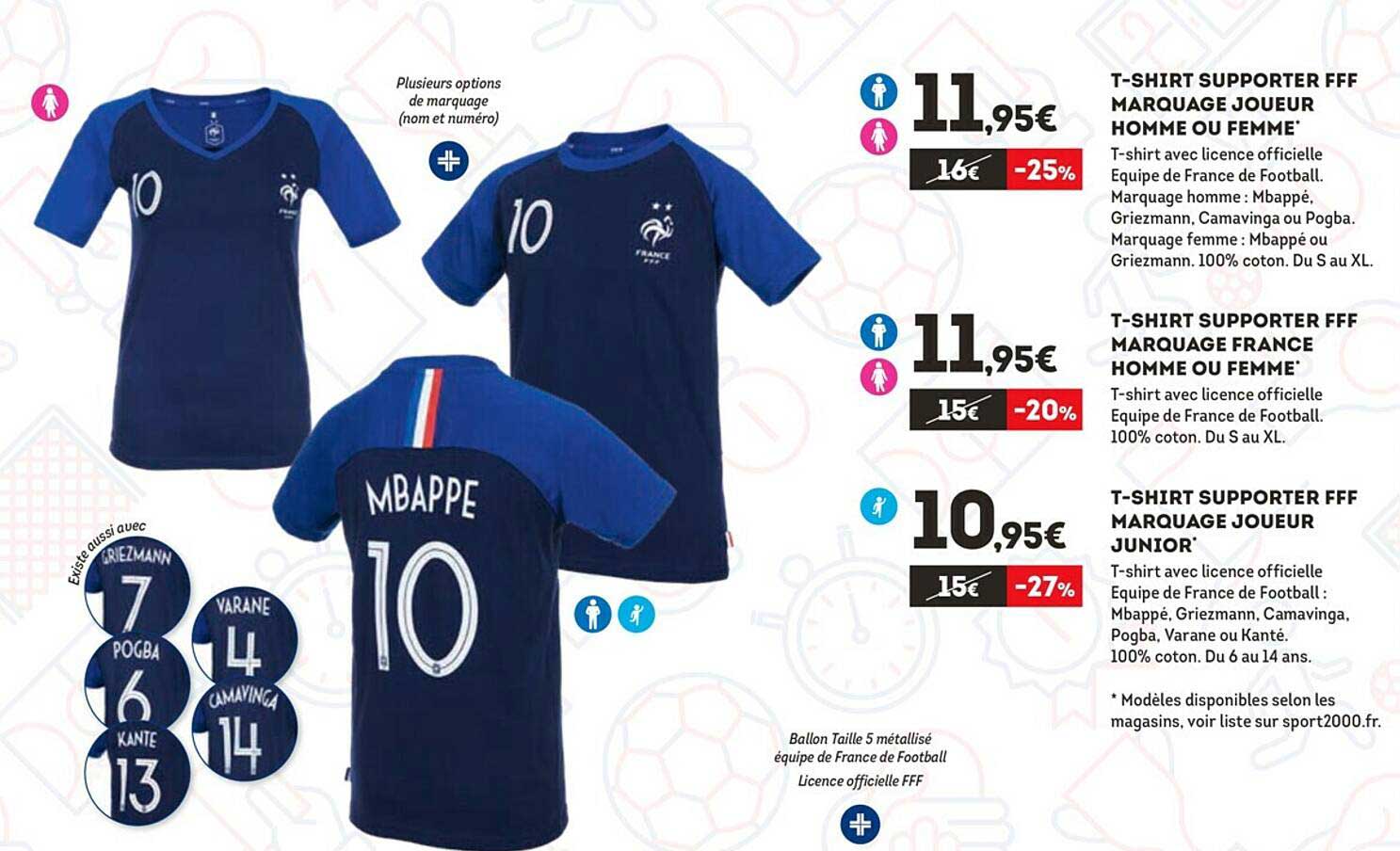 t-shirt supporter fff marquage joueur homme ou femme, t-shirt supporter fff marquage france homme ou femme, t-shirt supporter fff marquage joueur junior