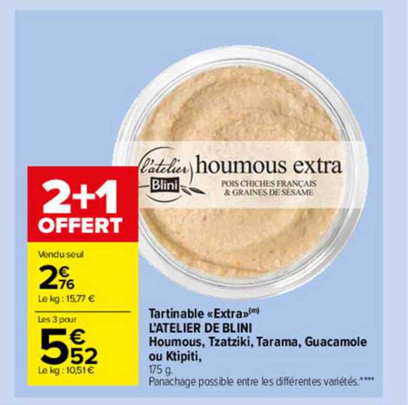 tartinable «extra» l'atelier de blini houmous, tzatziki, tarama, guacamole ou ktipiti