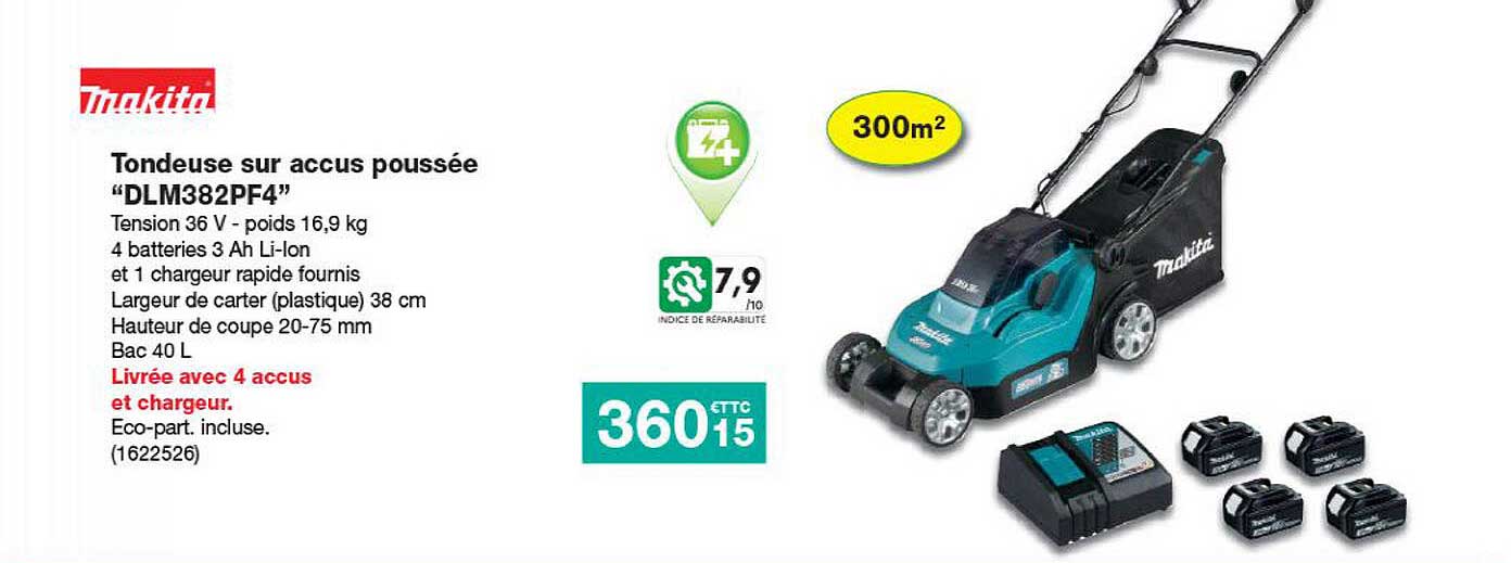 tondeuse sur accus poussée "dlm382pf4" makita