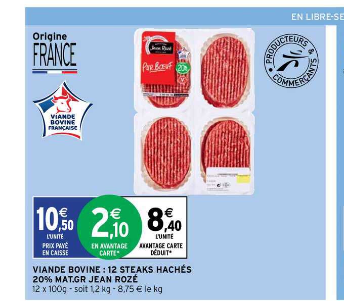 viande bovine : 12 steaks hachés 20% mat.gr. jean rozé
