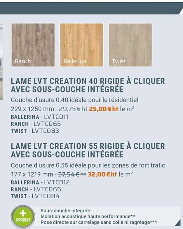 lame lvt création 40 rigide à cliquer avec sous-couche intégrée, lame lvt création 55 rigide à cliquer avec sous-couche intégrée