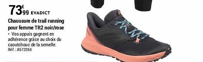 chaussure de trail running pour femme tr2 noir-rose evadict