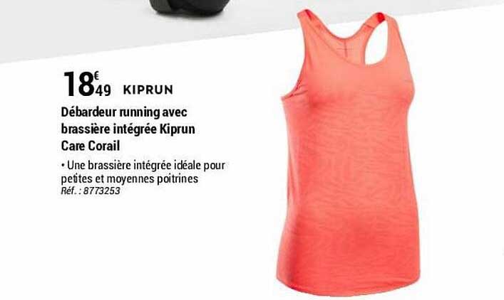 débardeur running avec brassière intégrée kiprun care corail kiprun